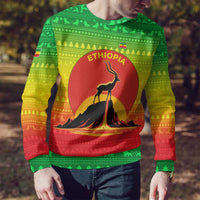 Ethiopia Christmas Ugly Christmas Sweater with Mountain Gazelle Sunset Ethiopian Flag Colors and Tribal Pattern Design - Wonder Print Shop
