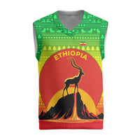 Ethiopia Christmas Knitted V-Neck Vest with Mountain Gazelle Sunset Ethiopian Flag Colors and Tribal Pattern Design - Wonder Print Shop