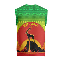 Ethiopia Christmas Knitted V-Neck Vest with Mountain Gazelle Sunset Ethiopian Flag Colors and Tribal Pattern Design - Wonder Print Shop