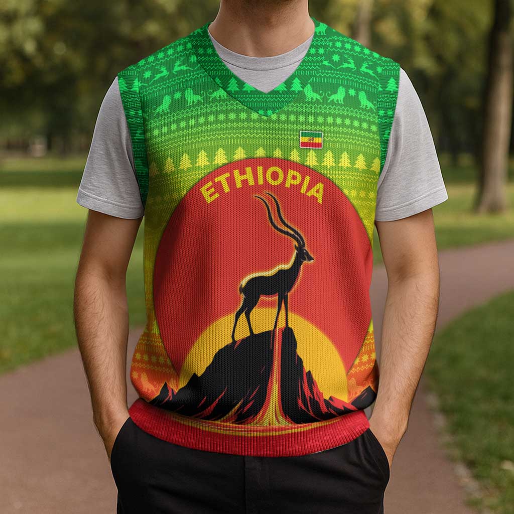Ethiopia Christmas Knitted V-Neck Vest with Mountain Gazelle Sunset Ethiopian Flag Colors and Tribal Pattern Design - Wonder Print Shop