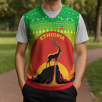Ethiopia Christmas Knitted V-Neck Vest with Mountain Gazelle Sunset Ethiopian Flag Colors and Tribal Pattern Design - Wonder Print Shop