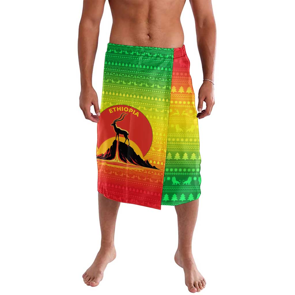 Ethiopia Christmas Lavalava with Mountain Gazelle Sunset Ethiopian Flag Colors and Tribal Pattern Design - Wonder Print Shop