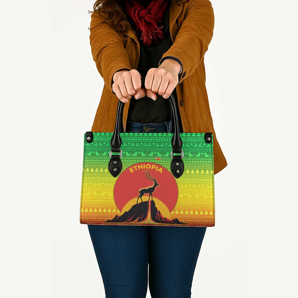 Ethiopia Christmas Leather Bag with Mountain Gazelle Sunset Ethiopian Flag Colors and Tribal Pattern Design - Wonder Print Shop