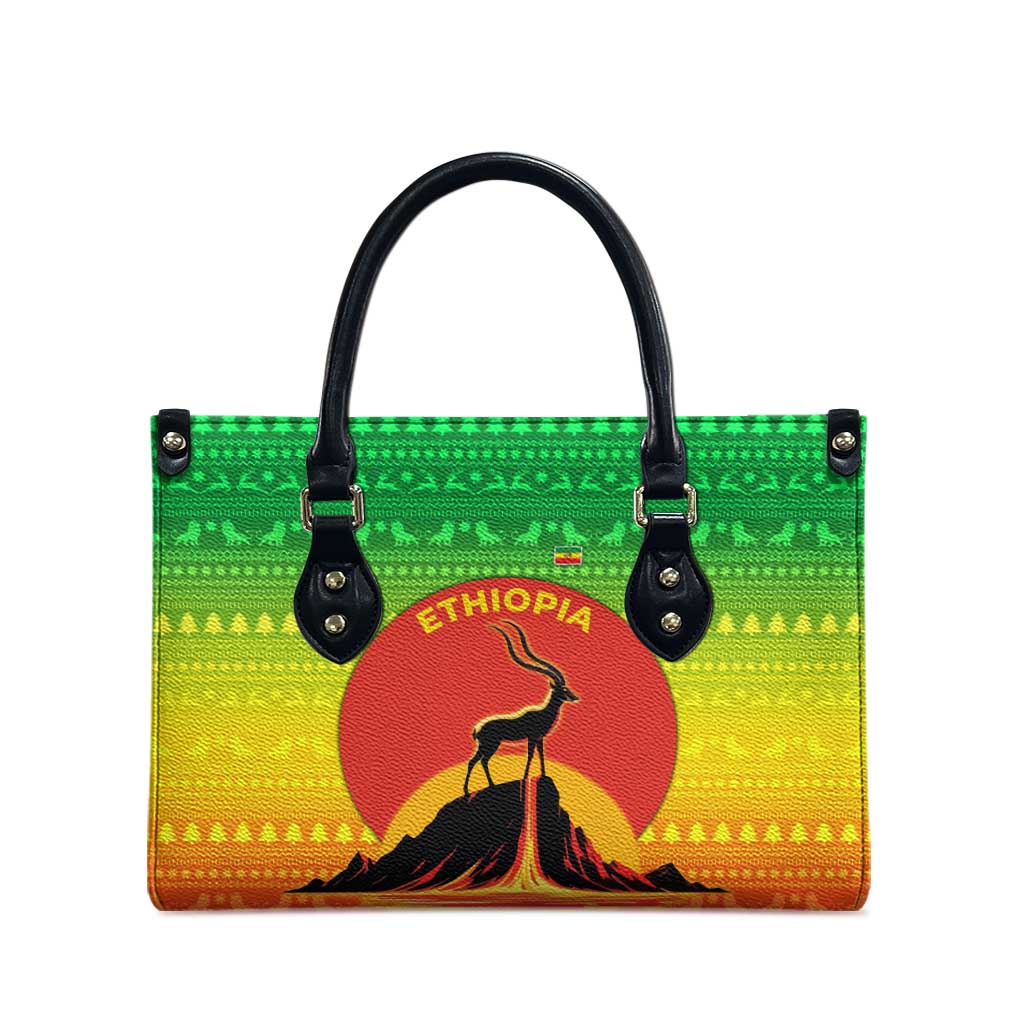 Ethiopia Christmas Leather Bag with Mountain Gazelle Sunset Ethiopian Flag Colors and Tribal Pattern Design - Wonder Print Shop