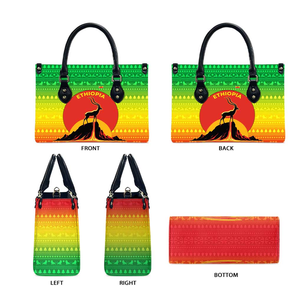 Ethiopia Christmas Leather Bag with Mountain Gazelle Sunset Ethiopian Flag Colors and Tribal Pattern Design - Wonder Print Shop