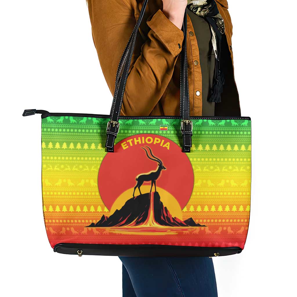 Ethiopia Christmas Leather Tote Bag with Mountain Gazelle Sunset Ethiopian Flag Colors and Tribal Pattern Design - Wonder Print Shop