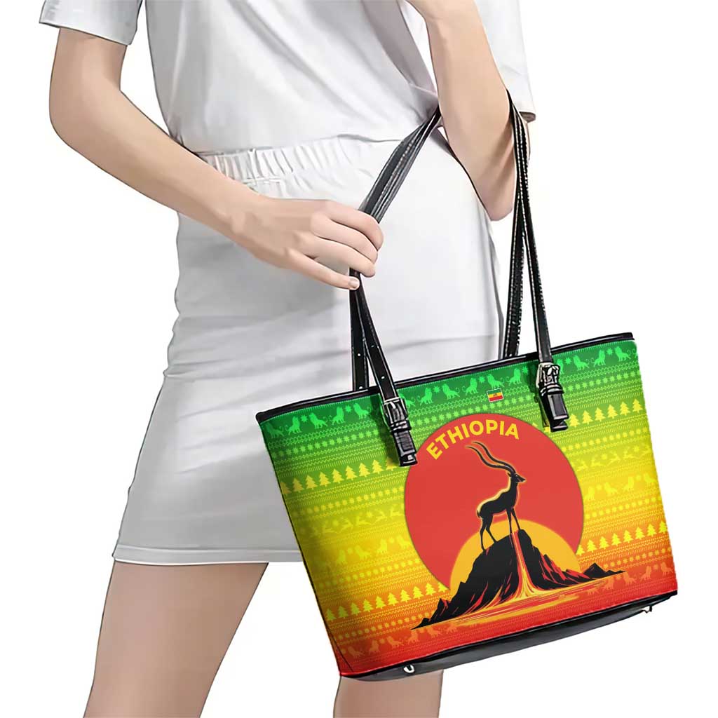 Ethiopia Christmas Leather Tote Bag with Mountain Gazelle Sunset Ethiopian Flag Colors and Tribal Pattern Design - Wonder Print Shop