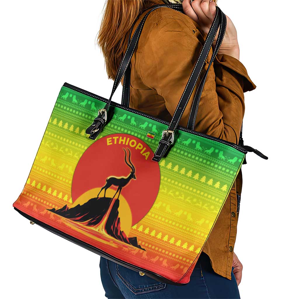 Ethiopia Christmas Leather Tote Bag with Mountain Gazelle Sunset Ethiopian Flag Colors and Tribal Pattern Design - Wonder Print Shop
