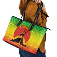 Ethiopia Christmas Leather Tote Bag with Mountain Gazelle Sunset Ethiopian Flag Colors and Tribal Pattern Design - Wonder Print Shop