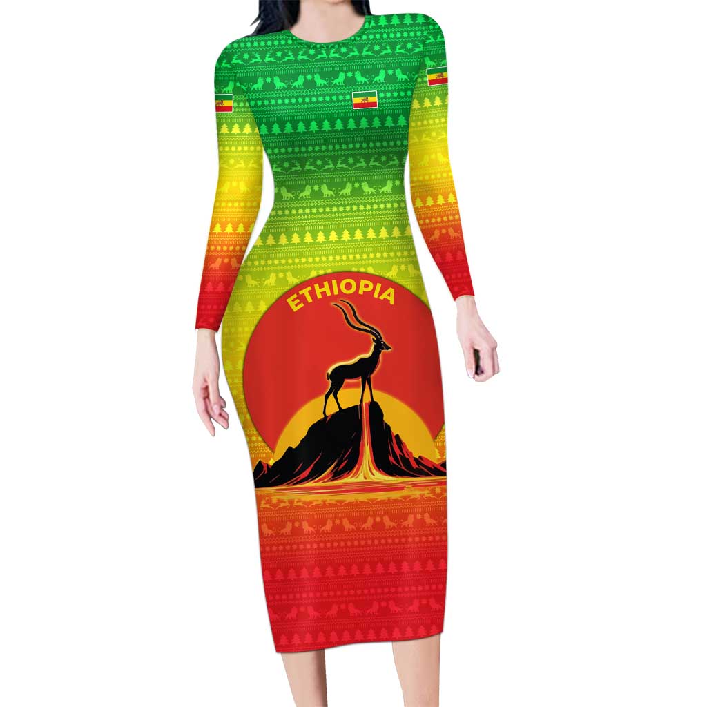 Ethiopia Christmas Long Sleeve Bodycon Dress with Mountain Gazelle Sunset Ethiopian Flag Colors and Tribal Pattern Design - Wonder Print Shop