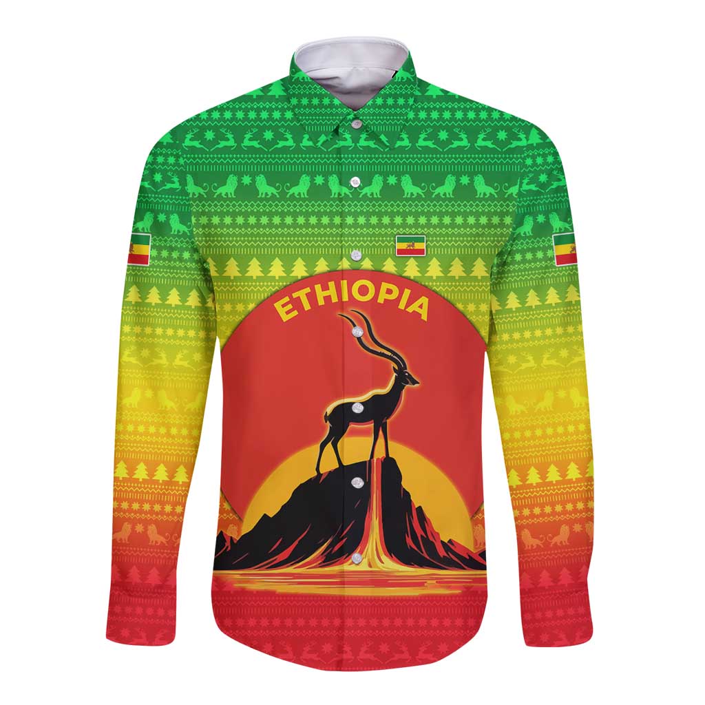 Ethiopia Christmas Long Sleeve Button Shirt with Mountain Gazelle Sunset Ethiopian Flag Colors and Tribal Pattern Design - Wonder Print Shop