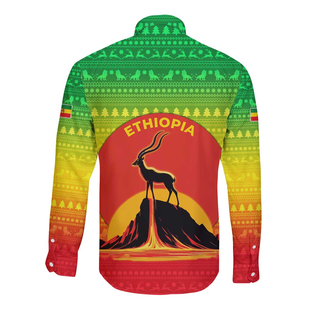Ethiopia Christmas Long Sleeve Button Shirt with Mountain Gazelle Sunset Ethiopian Flag Colors and Tribal Pattern Design - Wonder Print Shop