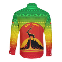 Ethiopia Christmas Long Sleeve Button Shirt with Mountain Gazelle Sunset Ethiopian Flag Colors and Tribal Pattern Design - Wonder Print Shop
