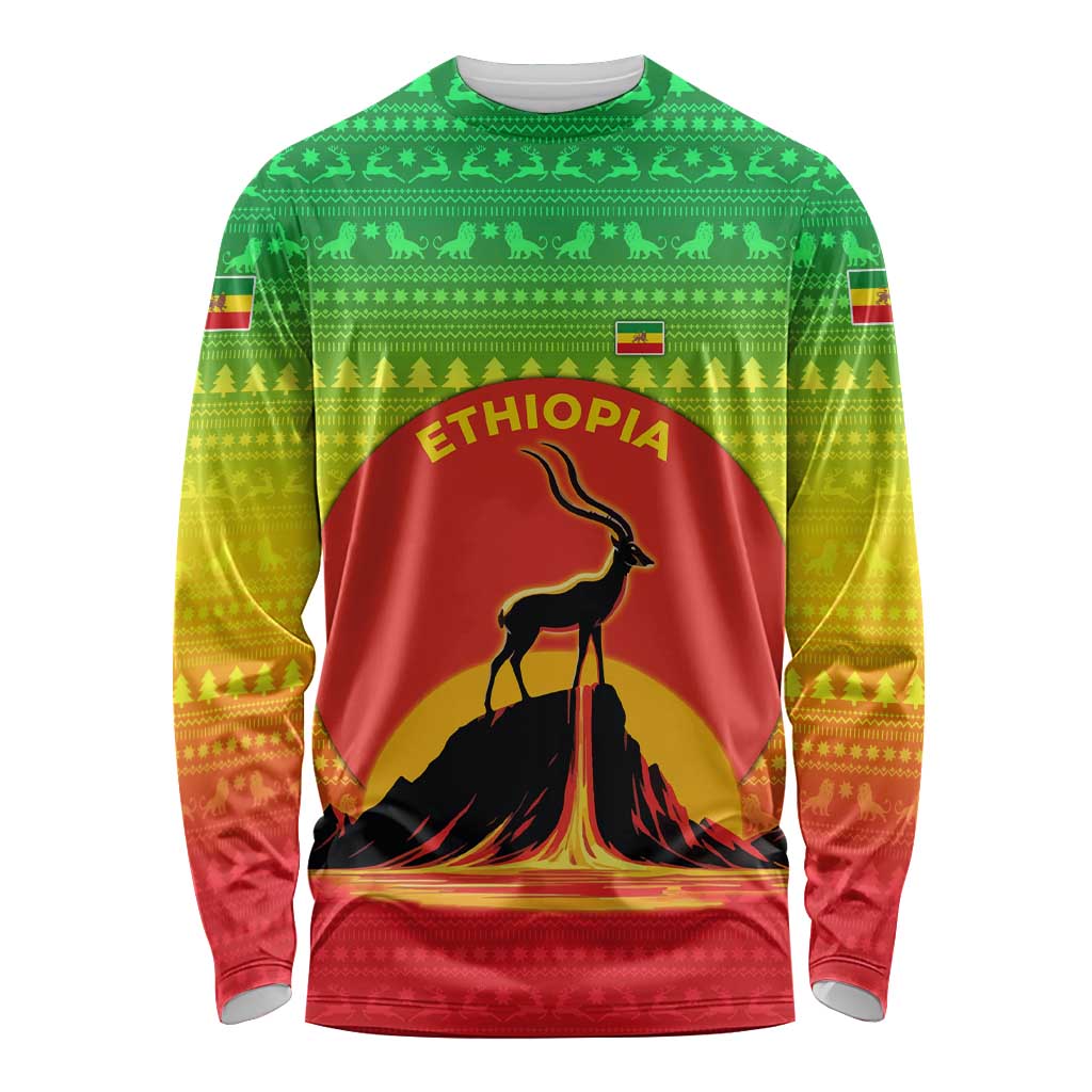 Ethiopia Christmas Long Sleeve Shirt with Mountain Gazelle Sunset Ethiopian Flag Colors and Tribal Pattern Design - Wonder Print Shop