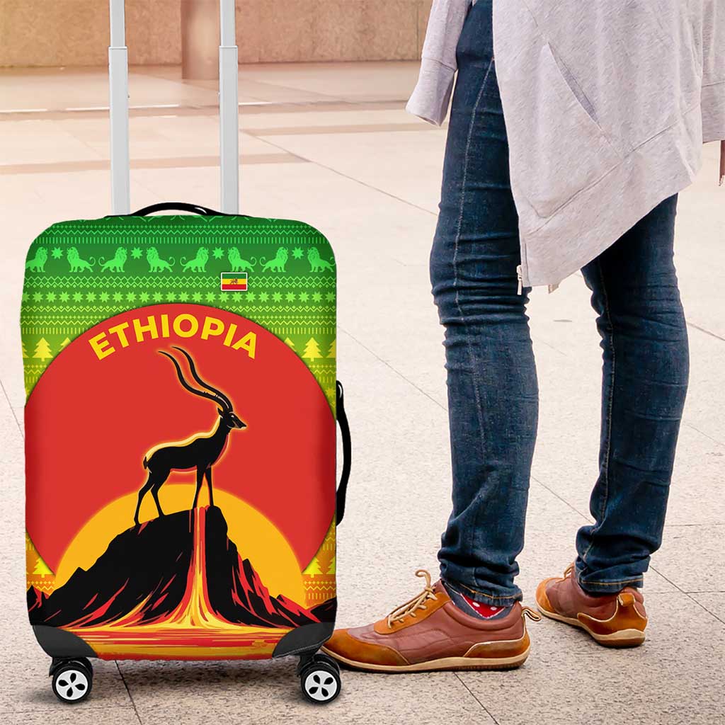Ethiopia Christmas Luggage Cover with Mountain Gazelle Sunset Ethiopian Flag Colors and Tribal Pattern Design - Wonder Print Shop