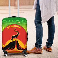 Ethiopia Christmas Luggage Cover with Mountain Gazelle Sunset Ethiopian Flag Colors and Tribal Pattern Design - Wonder Print Shop