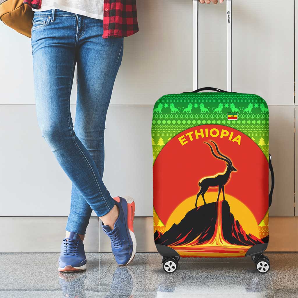 Ethiopia Christmas Luggage Cover with Mountain Gazelle Sunset Ethiopian Flag Colors and Tribal Pattern Design - Wonder Print Shop
