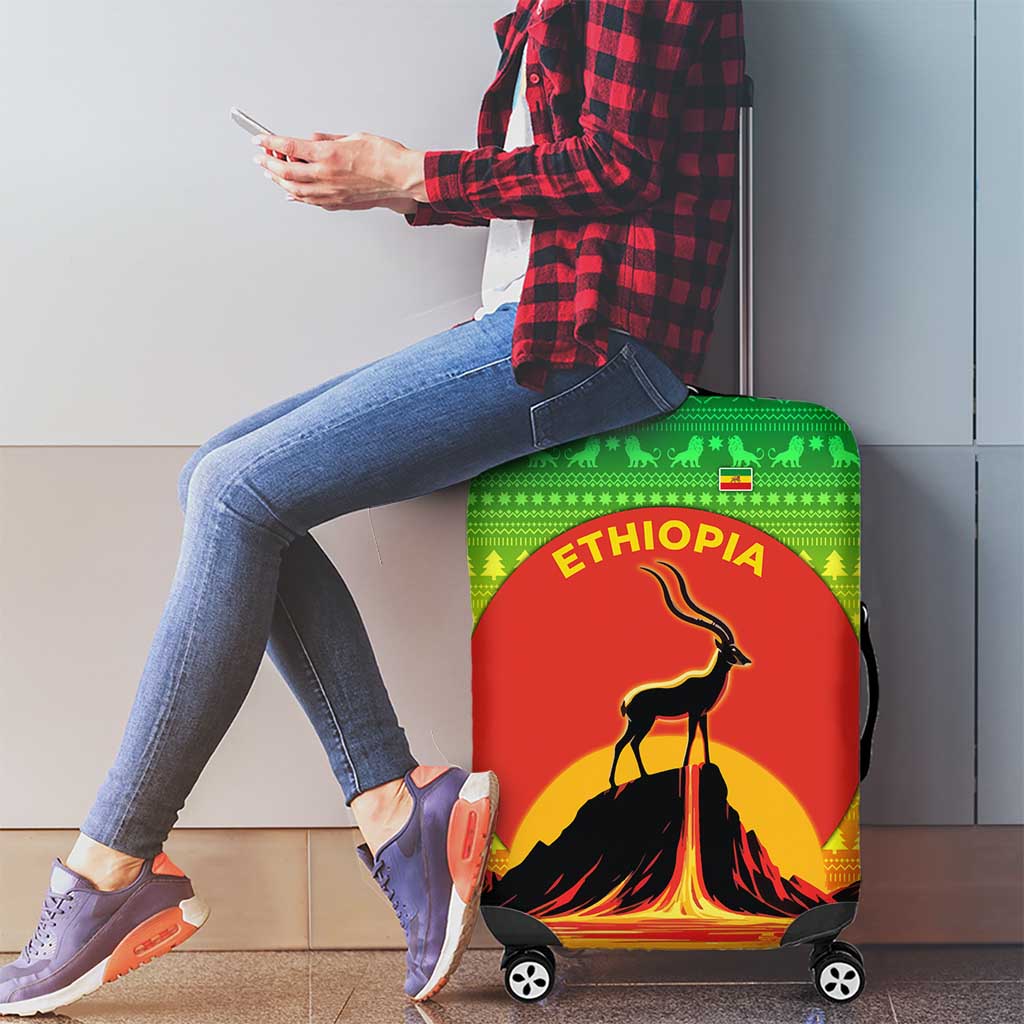 Ethiopia Christmas Luggage Cover with Mountain Gazelle Sunset Ethiopian Flag Colors and Tribal Pattern Design - Wonder Print Shop