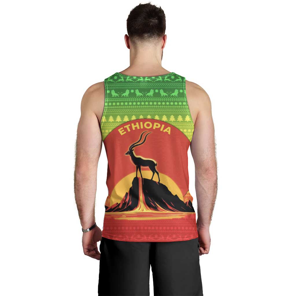 Ethiopia Christmas Men Tank Top with Mountain Gazelle Sunset Ethiopian Flag Colors and Tribal Pattern Design - Wonder Print Shop