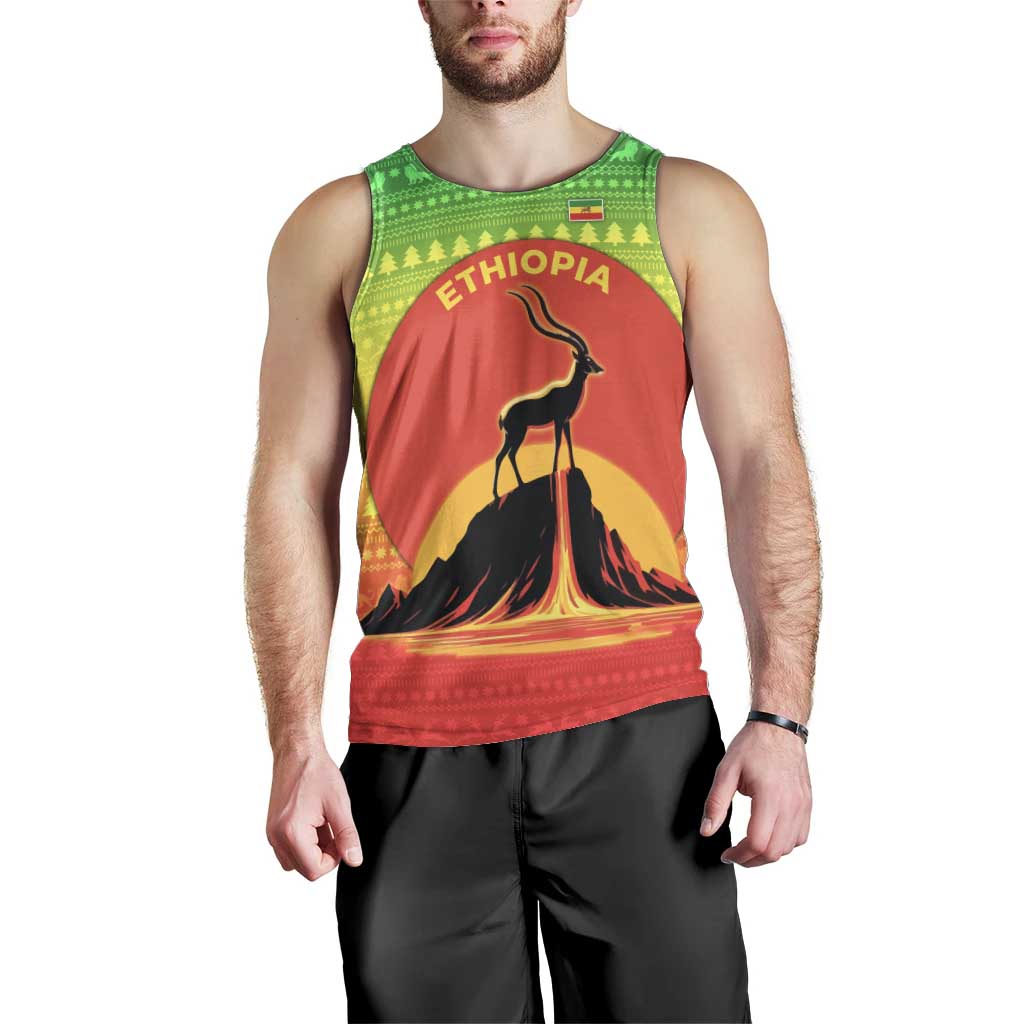 Ethiopia Christmas Men Tank Top with Mountain Gazelle Sunset Ethiopian Flag Colors and Tribal Pattern Design - Wonder Print Shop