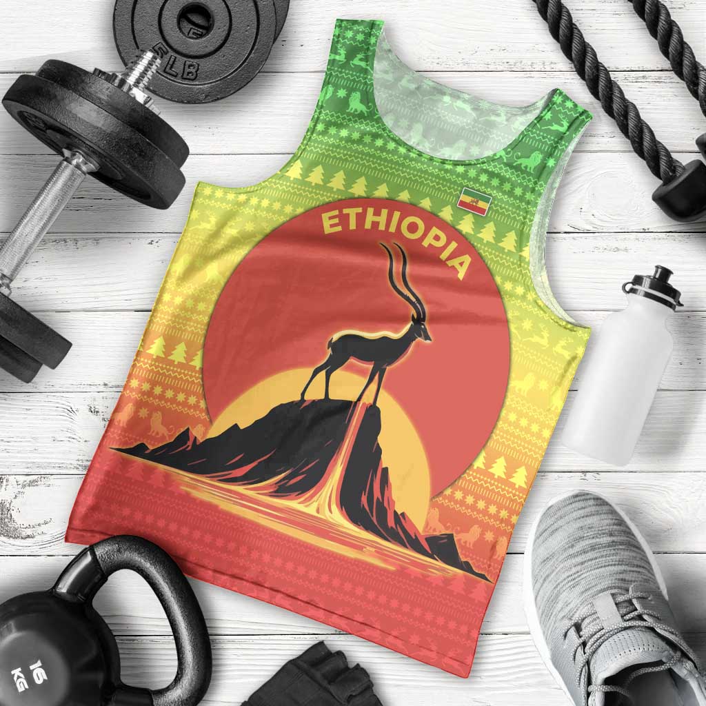 Ethiopia Christmas Men Tank Top with Mountain Gazelle Sunset Ethiopian Flag Colors and Tribal Pattern Design - Wonder Print Shop
