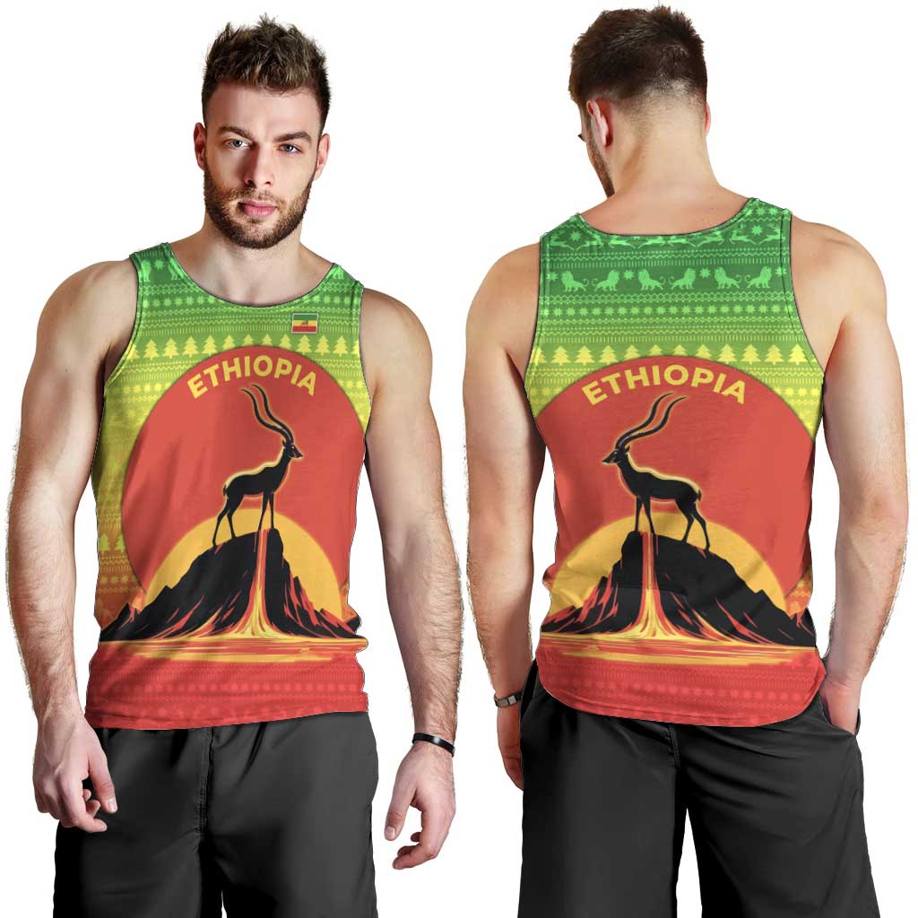 Ethiopia Christmas Men Tank Top with Mountain Gazelle Sunset Ethiopian Flag Colors and Tribal Pattern Design - Wonder Print Shop