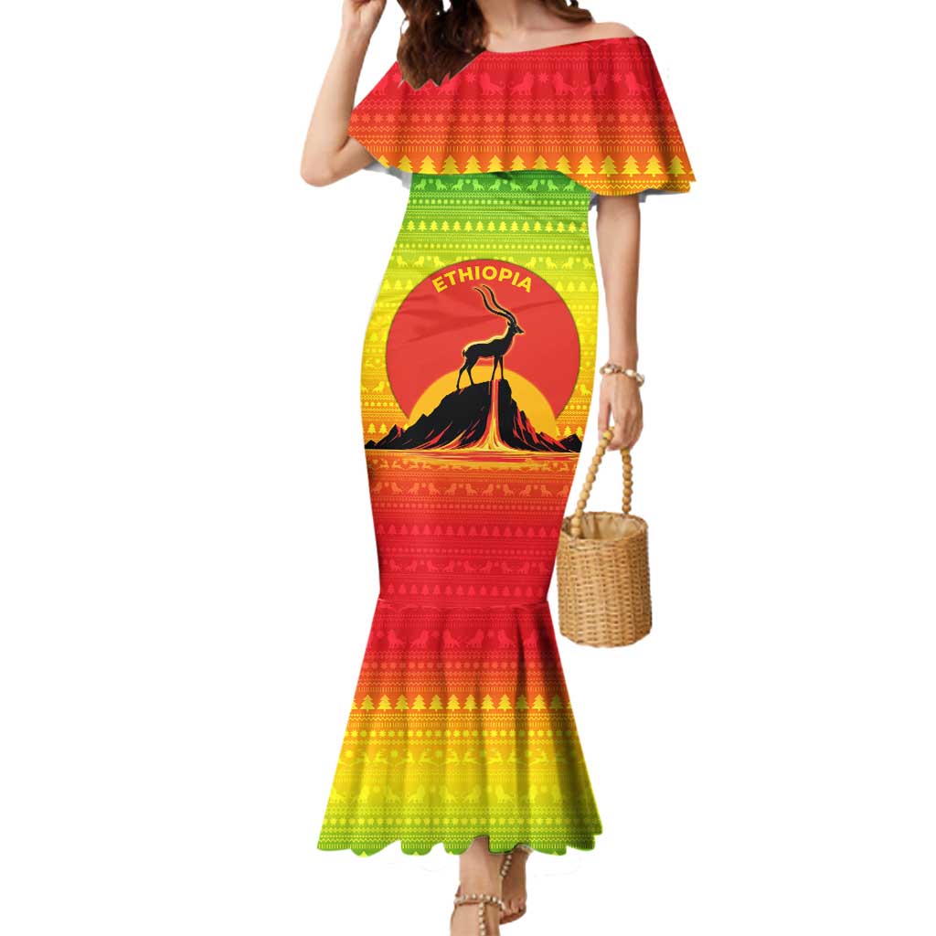 Ethiopia Christmas Mermaid Dress with Mountain Gazelle Sunset Ethiopian Flag Colors and Tribal Pattern Design - Wonder Print Shop