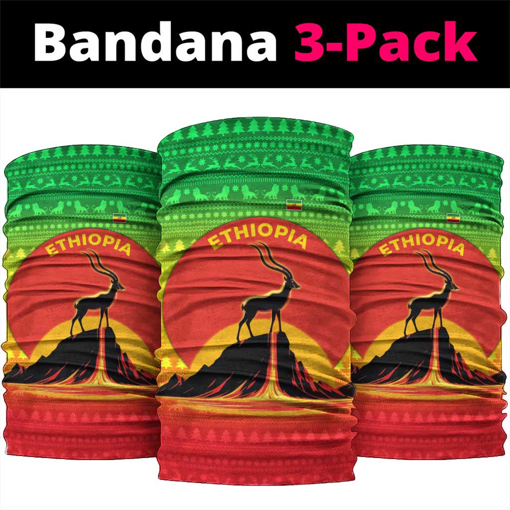 Ethiopia Christmas Neck Gaiter with Mountain Gazelle Sunset Ethiopian Flag Colors and Tribal Pattern Design - Wonder Print Shop