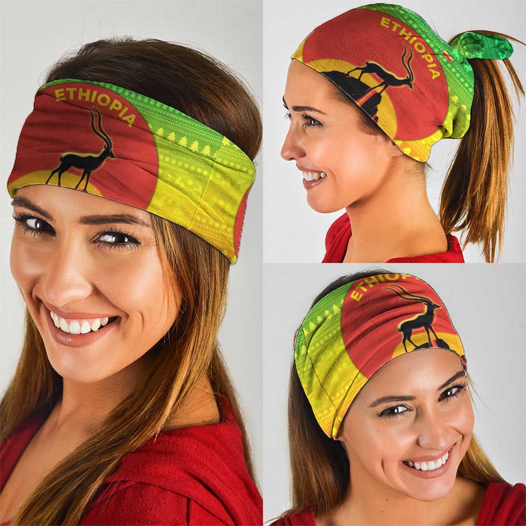 Ethiopia Christmas Neck Gaiter with Mountain Gazelle Sunset Ethiopian Flag Colors and Tribal Pattern Design - Wonder Print Shop