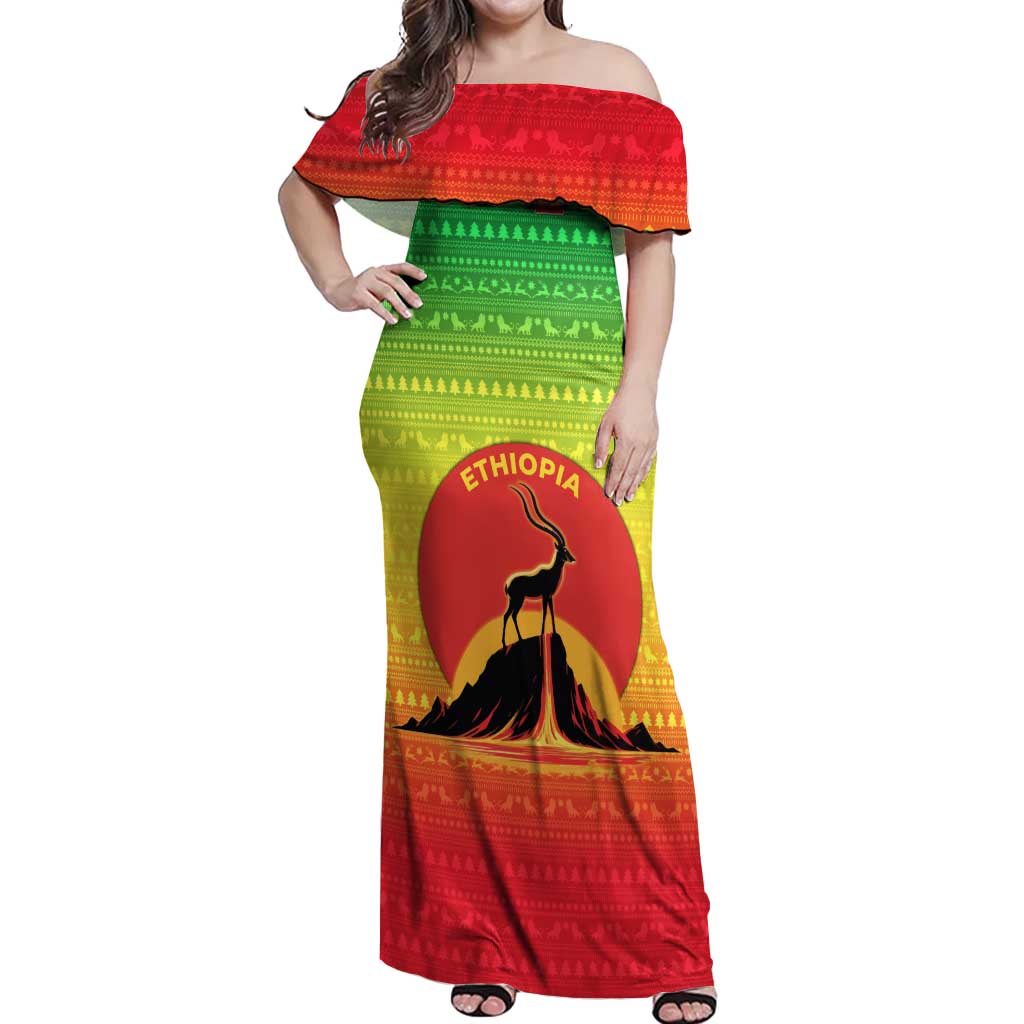 Ethiopia Christmas Off Shoulder Maxi Dress with Mountain Gazelle Sunset Ethiopian Flag Colors and Tribal Pattern Design - Wonder Print Shop