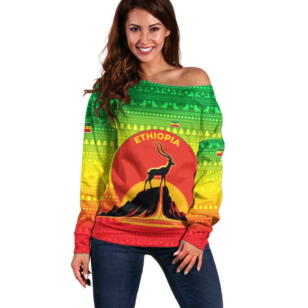 Ethiopia Christmas Off Shoulder Sweater with Mountain Gazelle Sunset Ethiopian Flag Colors and Tribal Pattern Design - Wonder Print Shop