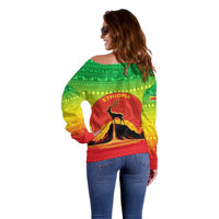 Ethiopia Christmas Off Shoulder Sweater with Mountain Gazelle Sunset Ethiopian Flag Colors and Tribal Pattern Design - Wonder Print Shop