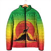 Ethiopia Christmas Padded Jacket with Mountain Gazelle Sunset Ethiopian Flag Colors and Tribal Pattern Design - Wonder Print Shop