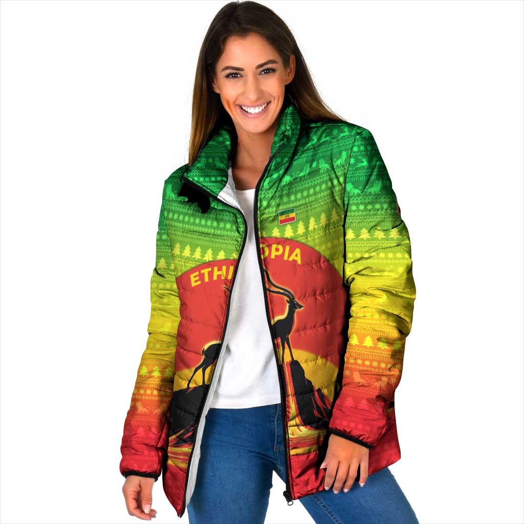 Ethiopia Christmas Padded Jacket with Mountain Gazelle Sunset Ethiopian Flag Colors and Tribal Pattern Design - Wonder Print Shop