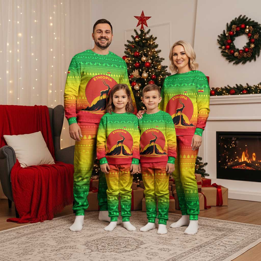 Ethiopia Christmas Pajama Set with Mountain Gazelle Sunset Ethiopian Flag Colors and Tribal Pattern Design - Wonder Print Shop