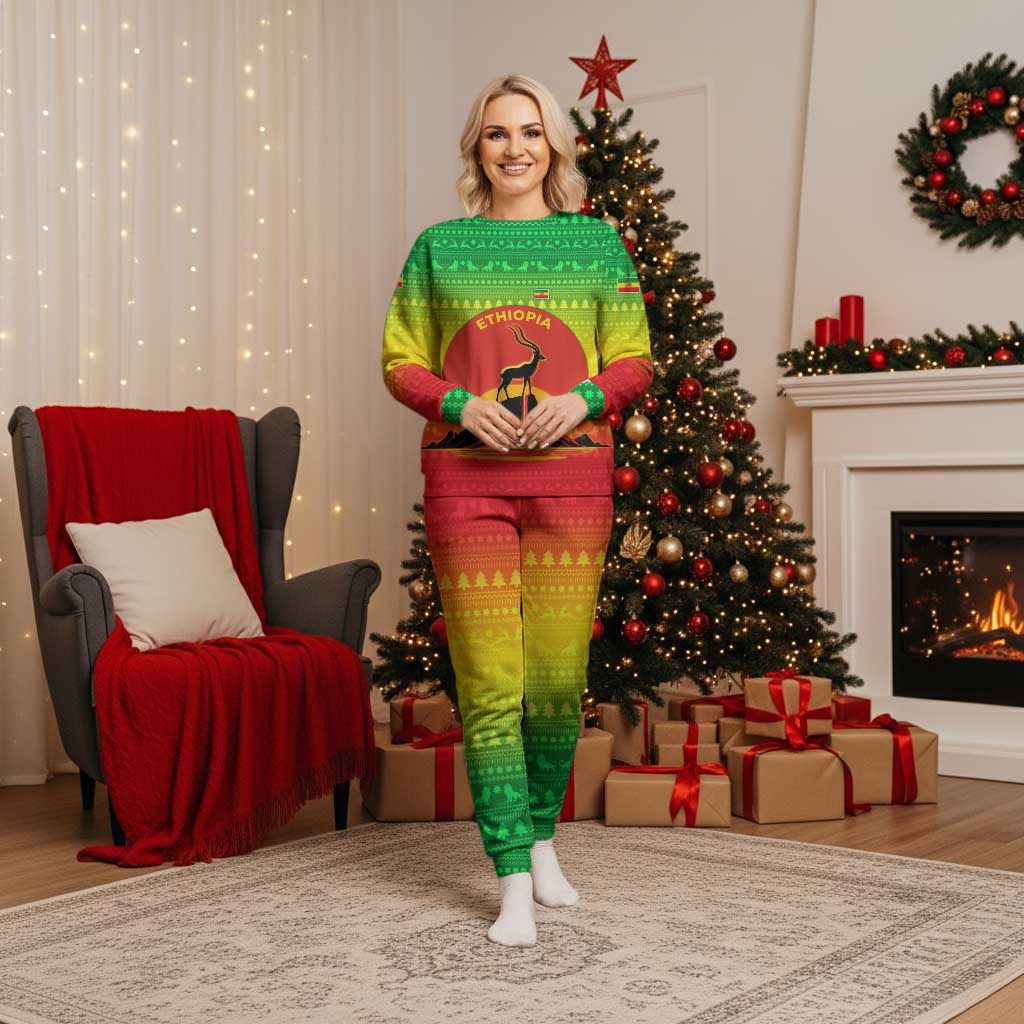 Ethiopia Christmas Pajama Set with Mountain Gazelle Sunset Ethiopian Flag Colors and Tribal Pattern Design - Wonder Print Shop