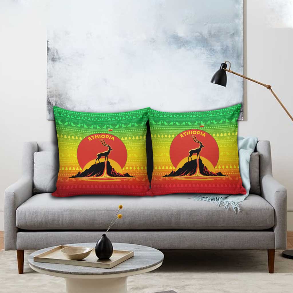 Ethiopia Christmas Pillow Cover with Mountain Gazelle Sunset Ethiopian Flag Colors and Tribal Pattern Design - Wonder Print Shop