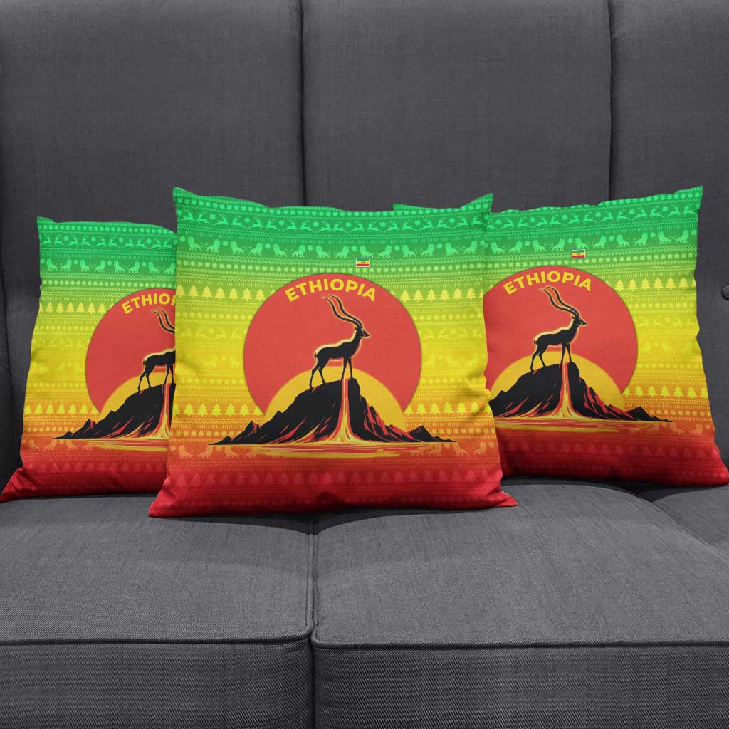 Ethiopia Christmas Pillow Cover with Mountain Gazelle Sunset Ethiopian Flag Colors and Tribal Pattern Design - Wonder Print Shop