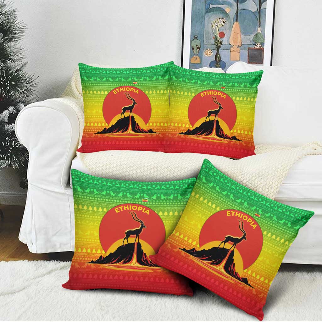 Ethiopia Christmas Pillow Cover with Mountain Gazelle Sunset Ethiopian Flag Colors and Tribal Pattern Design - Wonder Print Shop