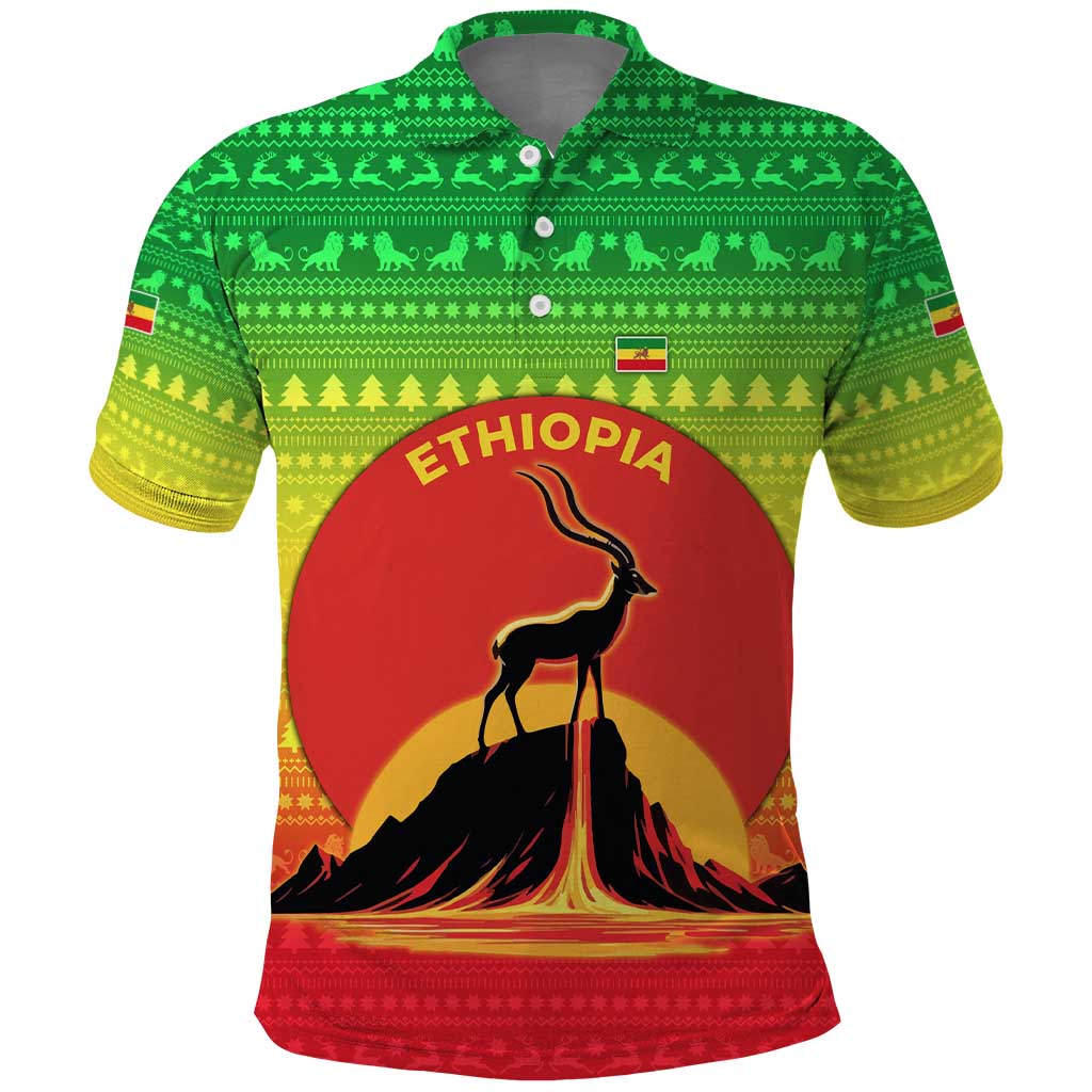 Ethiopia Christmas Polo Shirt with Mountain Gazelle Sunset Ethiopian Flag Colors and Tribal Pattern Design - Wonder Print Shop