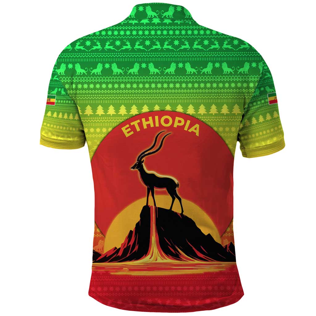 Ethiopia Christmas Polo Shirt with Mountain Gazelle Sunset Ethiopian Flag Colors and Tribal Pattern Design - Wonder Print Shop
