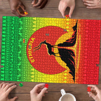 Ethiopia Christmas Puzzle with Mountain Gazelle Sunset Ethiopian Flag Colors and Tribal Pattern Design - Wonder Print Shop