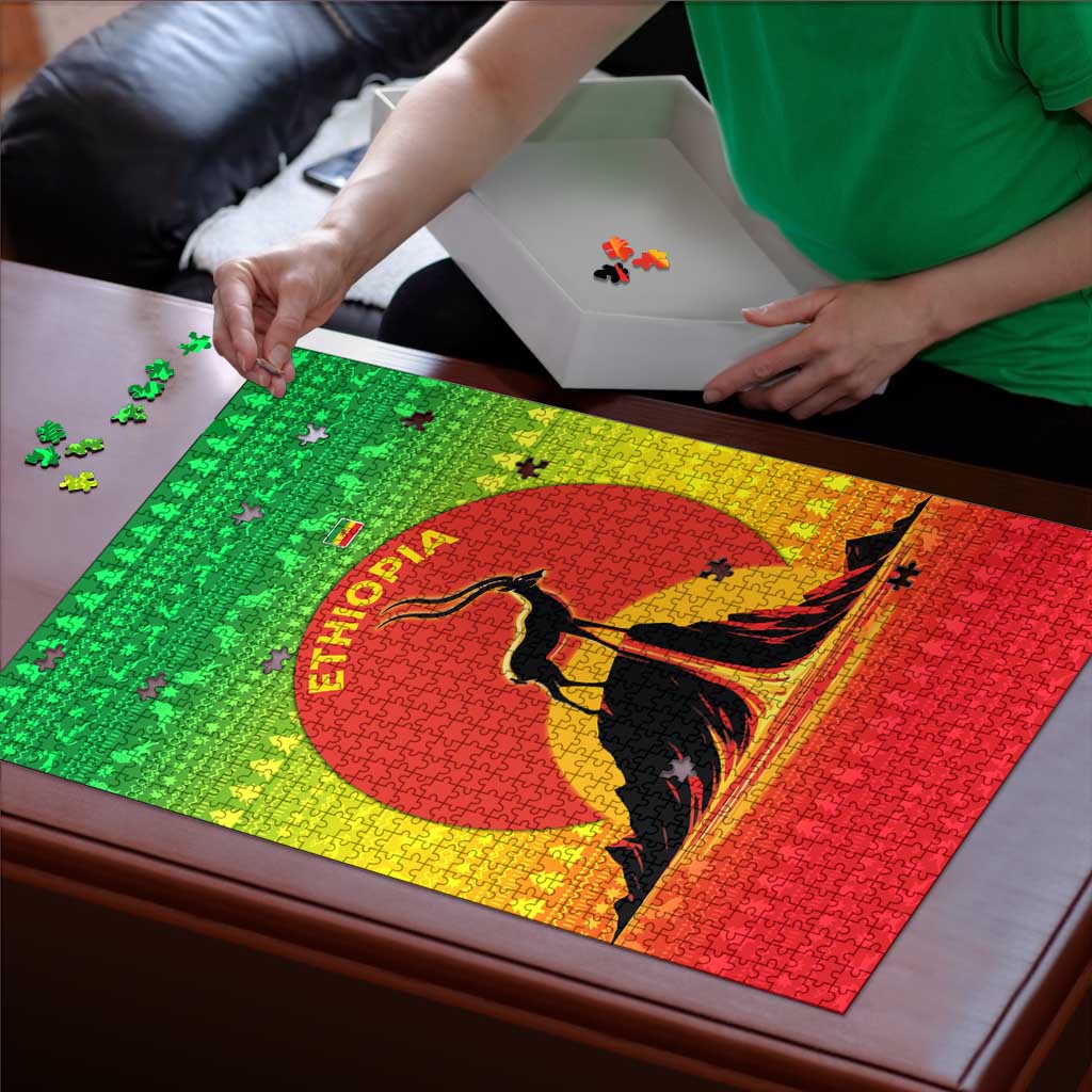 Ethiopia Christmas Puzzle with Mountain Gazelle Sunset Ethiopian Flag Colors and Tribal Pattern Design - Wonder Print Shop