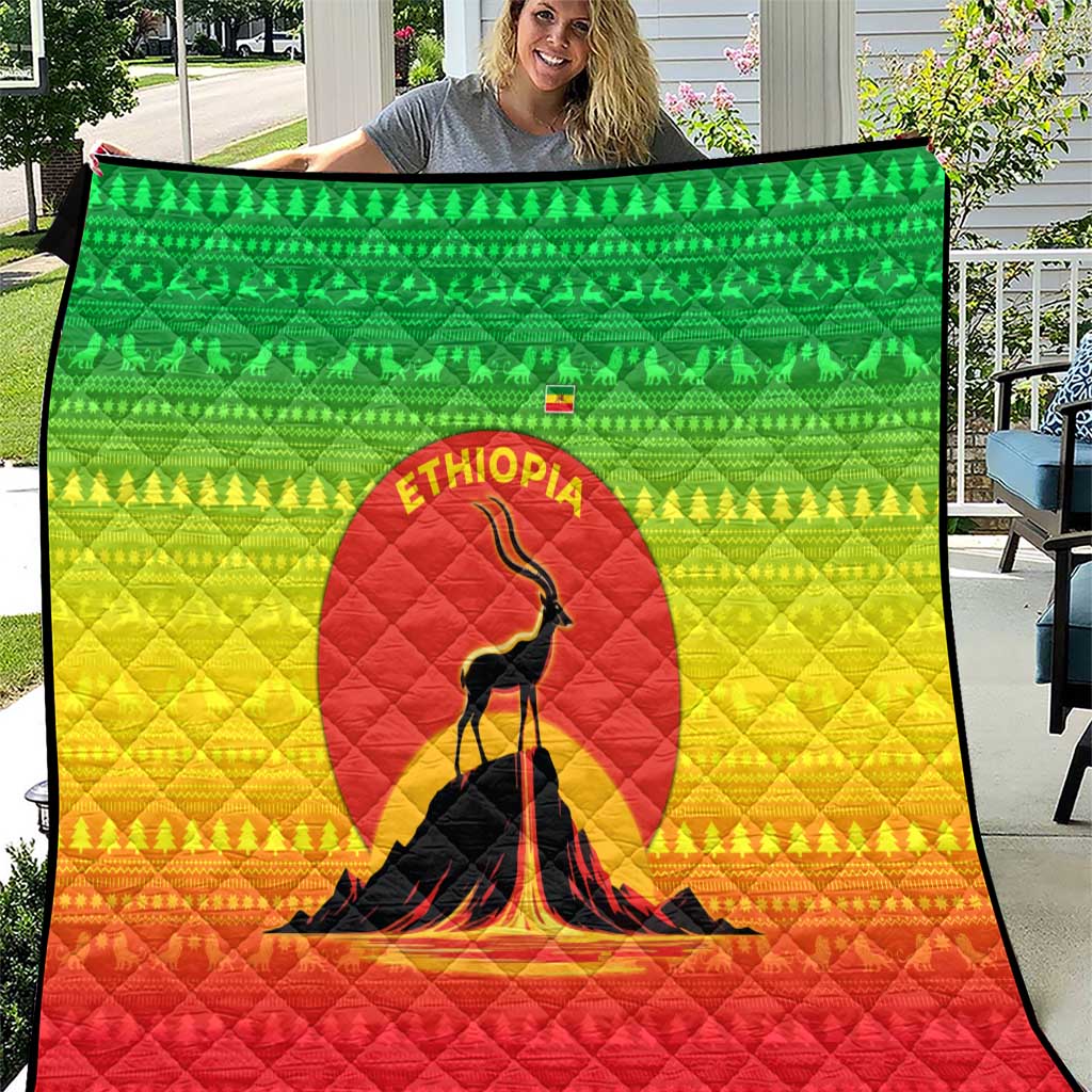 Ethiopia Christmas Quilt with Mountain Gazelle Sunset Ethiopian Flag Colors and Tribal Pattern Design - Wonder Print Shop