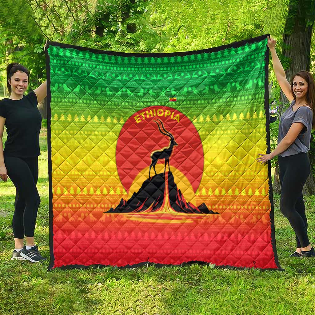 Ethiopia Christmas Quilt with Mountain Gazelle Sunset Ethiopian Flag Colors and Tribal Pattern Design - Wonder Print Shop
