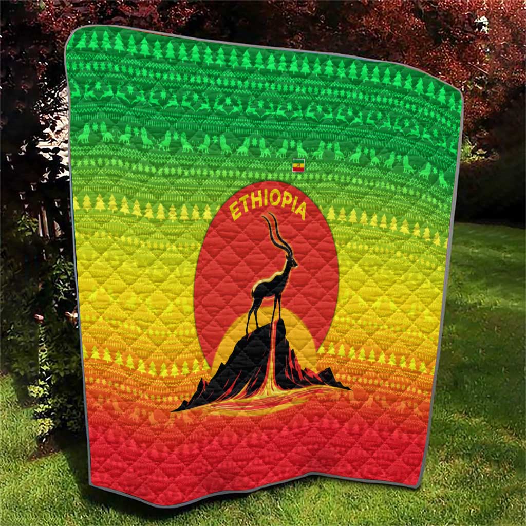 Ethiopia Christmas Quilt with Mountain Gazelle Sunset Ethiopian Flag Colors and Tribal Pattern Design - Wonder Print Shop