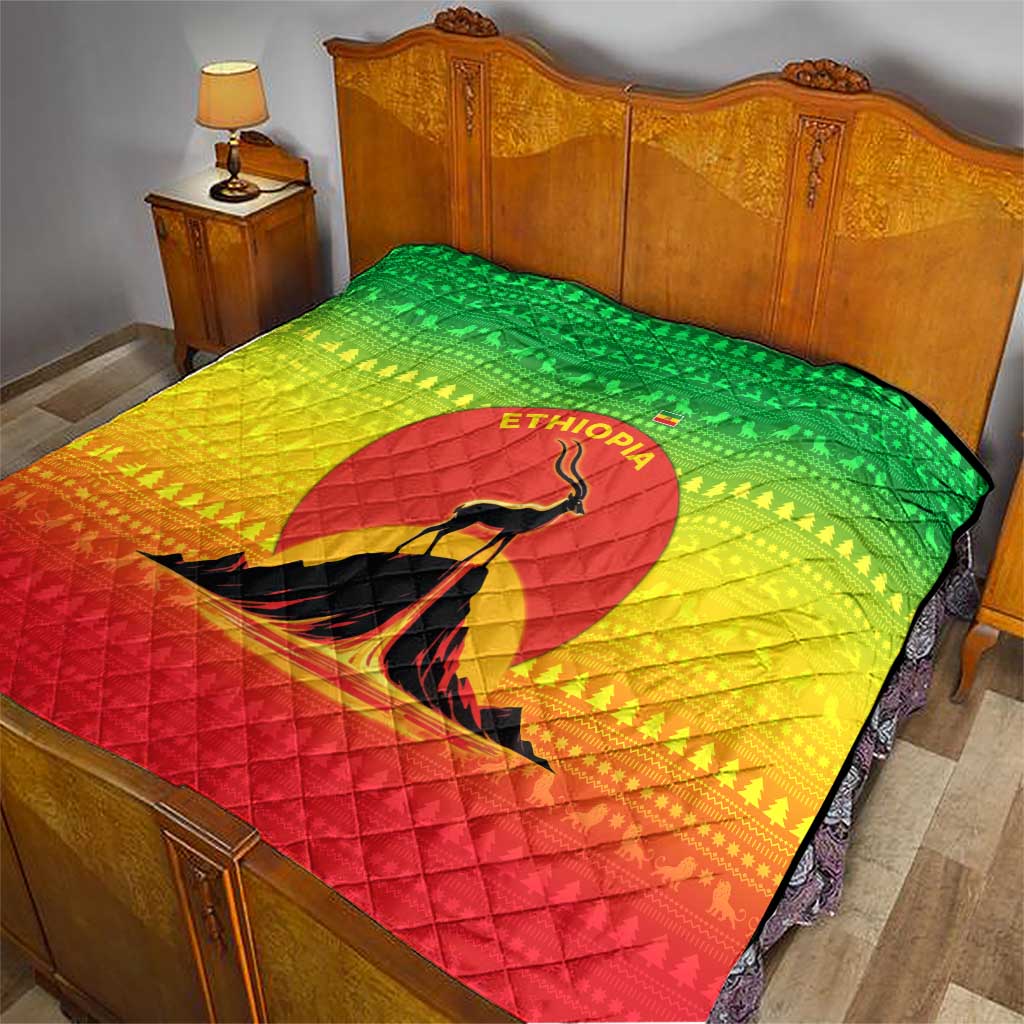 Ethiopia Christmas Quilt with Mountain Gazelle Sunset Ethiopian Flag Colors and Tribal Pattern Design - Wonder Print Shop