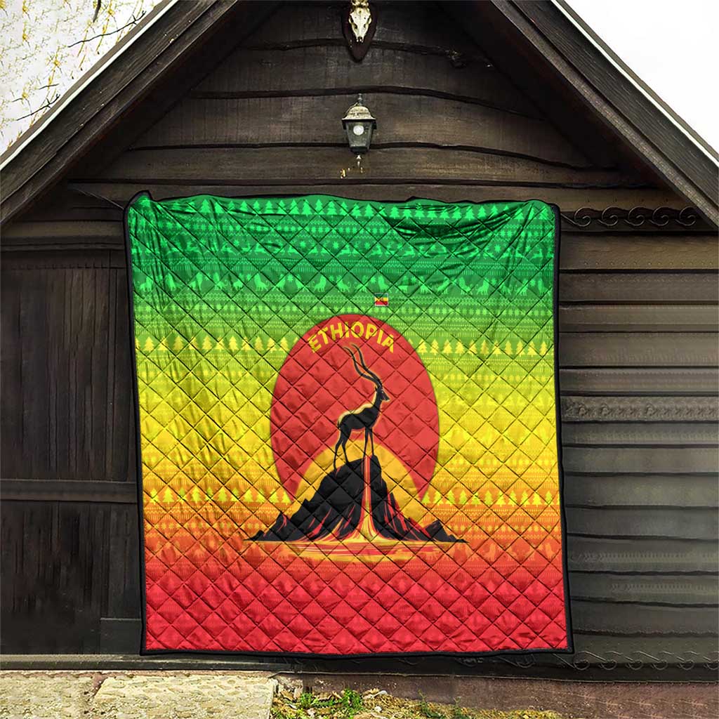 Ethiopia Christmas Quilt with Mountain Gazelle Sunset Ethiopian Flag Colors and Tribal Pattern Design - Wonder Print Shop