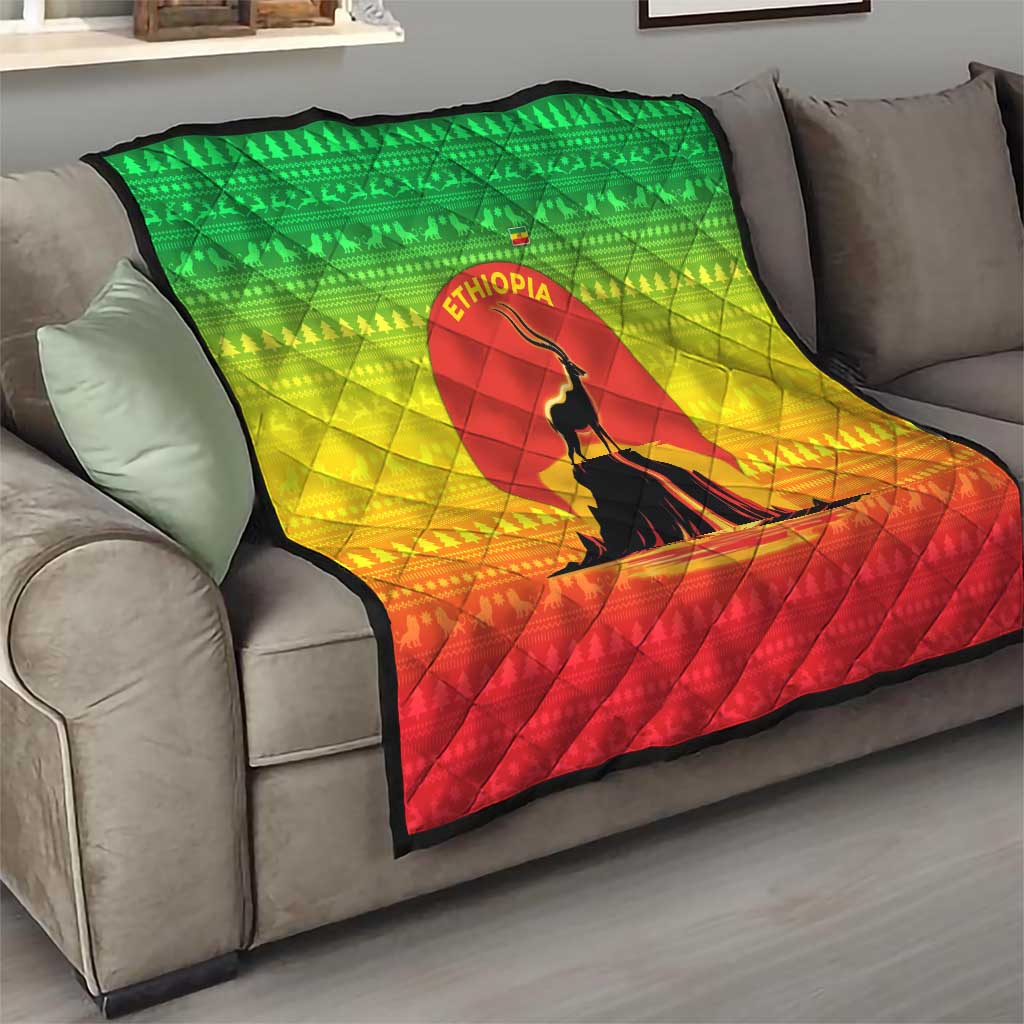Ethiopia Christmas Quilt with Mountain Gazelle Sunset Ethiopian Flag Colors and Tribal Pattern Design - Wonder Print Shop