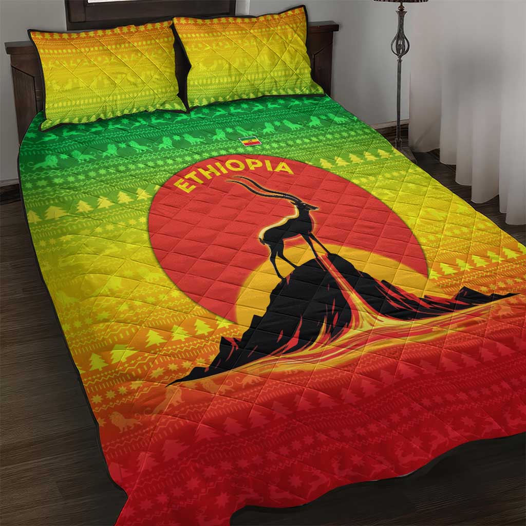 Ethiopia Christmas Quilt Bed Set with Mountain Gazelle Sunset Ethiopian Flag Colors and Tribal Pattern Design - Wonder Print Shop
